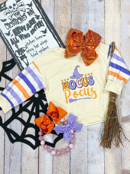 Hocus Pocus cream sweatshirt with purple and orange striped sleeves - Alternative view