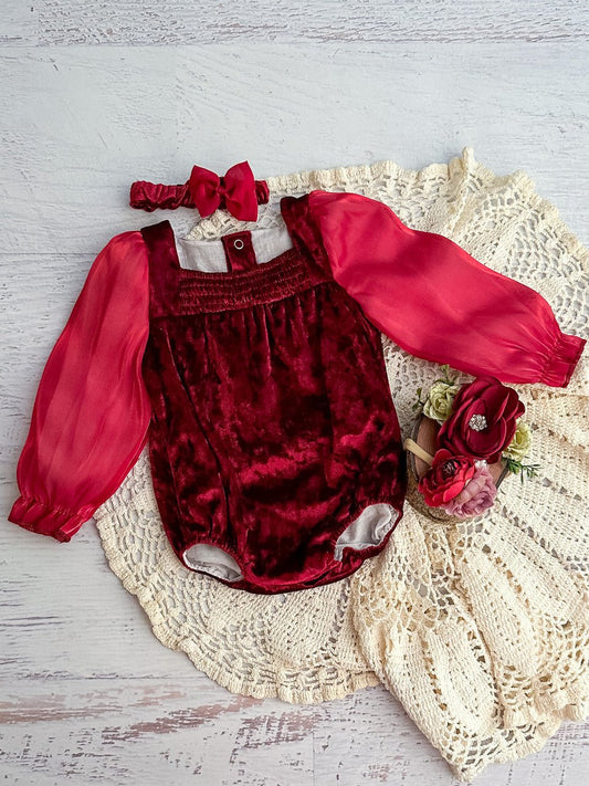 Red velvet holiday baby onesie with puff sleeves and matching bow headband - Alternative view