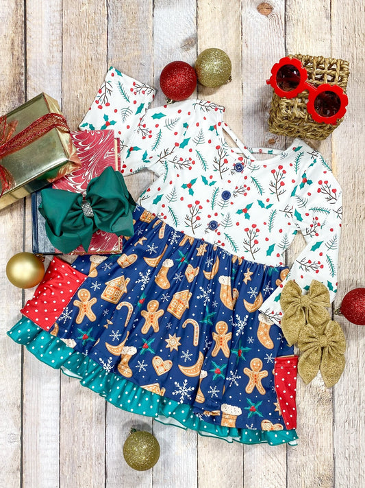 Holly & Gingerbread Men Tiered Dress - Alternative view