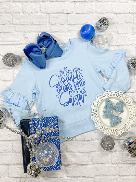 Blue ruffle girls top with hot cocoa, snowmen and cookies print - Alternative view