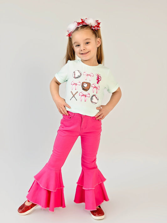 Hot Pink Frayed Double Bell Bottom Jeans on a model - Alternative view
