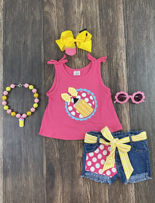 Hot Pink Pencil Tank Top & Denim Shorts - Alternative view