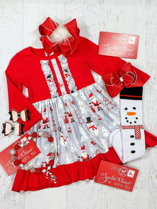 Red Dress With Ruffles, Snowmen, Santa Claus, and Christmas Trees - Alternative view
