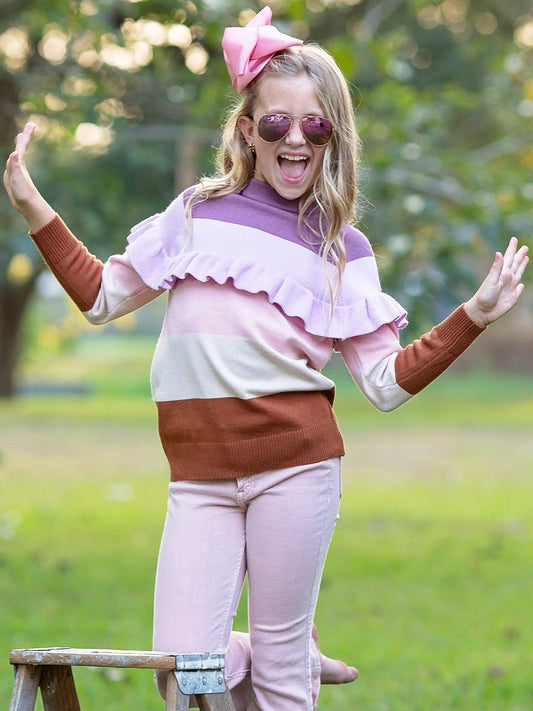 Lavender Haze striped sweater on a preteen female model. - Alternative view