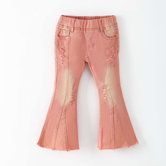 Pink flared jeans with slight distressing on a white background - Alternative view