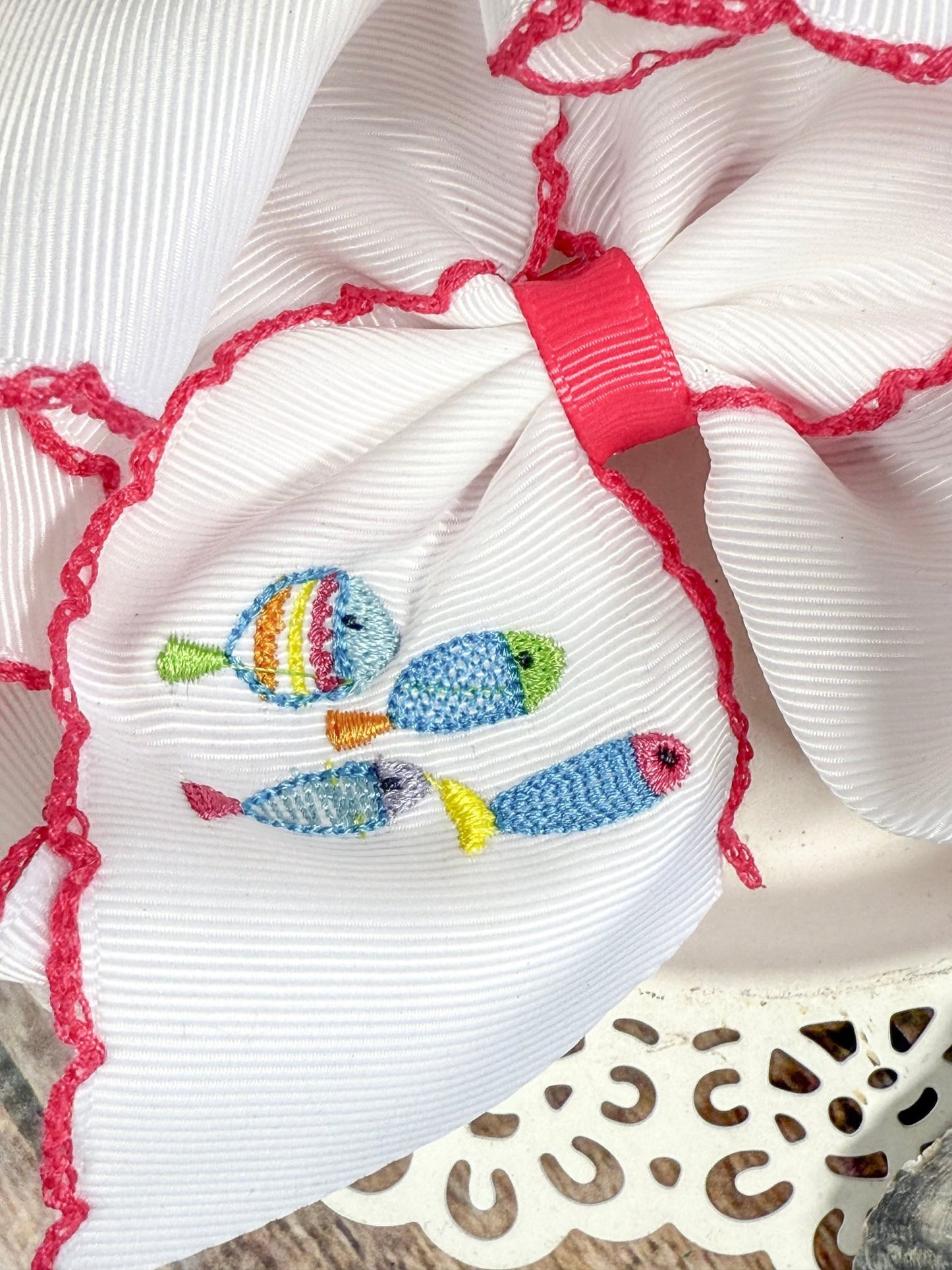 close up of the fishies emboridery