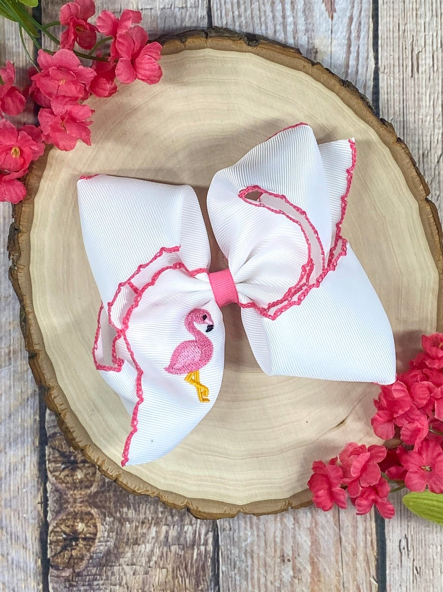 Flamingo Embroidered Moonstitch Hair Bow
