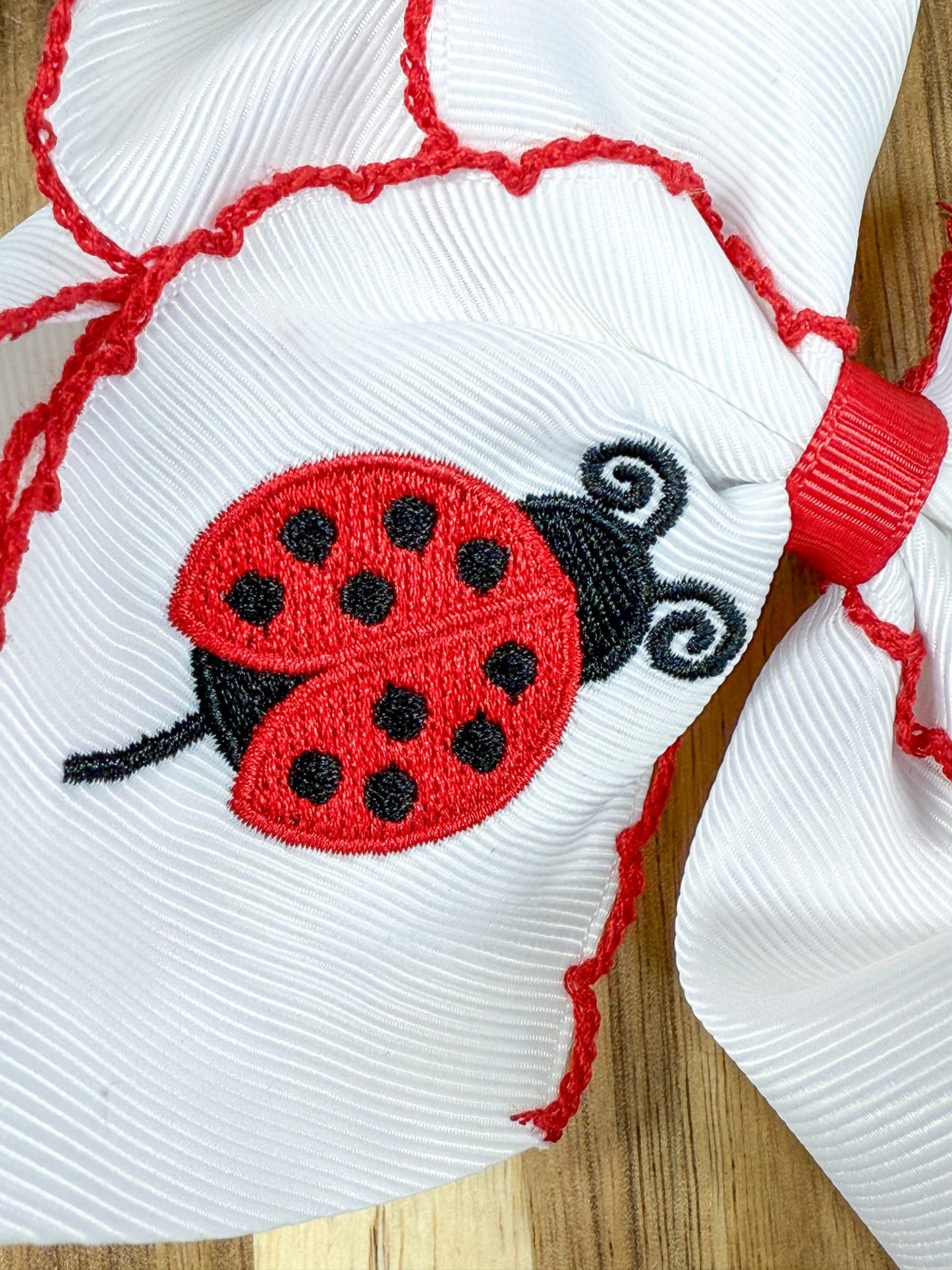 close up of the ladybug embroidery
