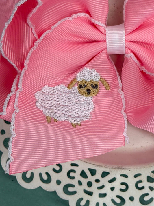 embroidered lamb on pink ribbon - Alternative view