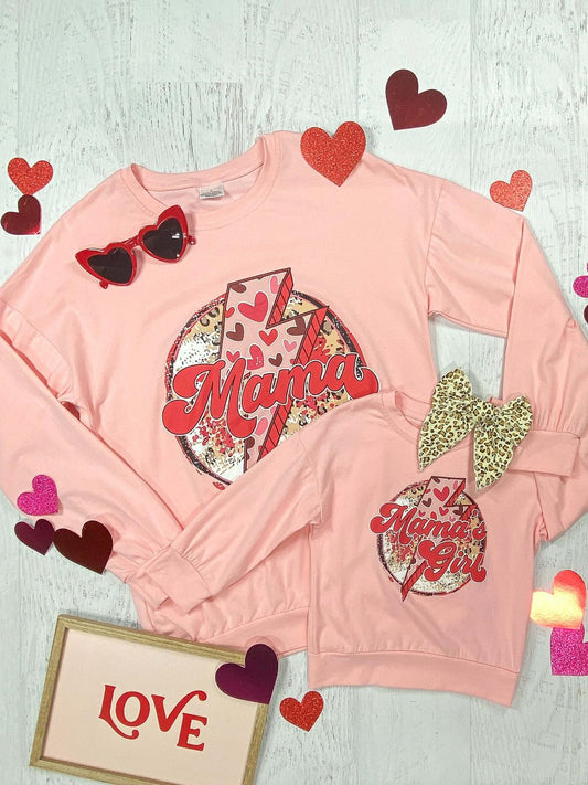 Pink Long Sleeve Top With Cheetah Print Lighting Bolt Mama & Mini Graphic's. - Alternative view