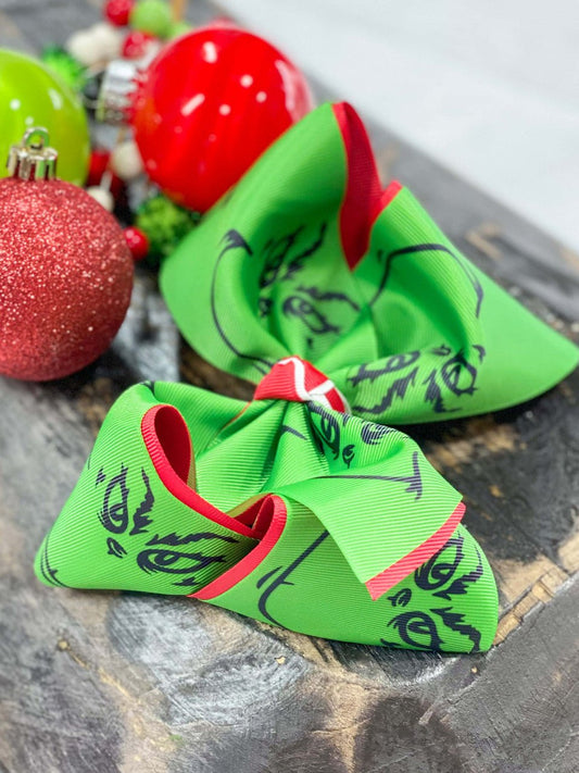Side view of mean green face double ribbon hair bow - Alternative view