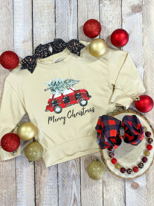 Cream long sleeve top with tree-hauling car design - Alternative view