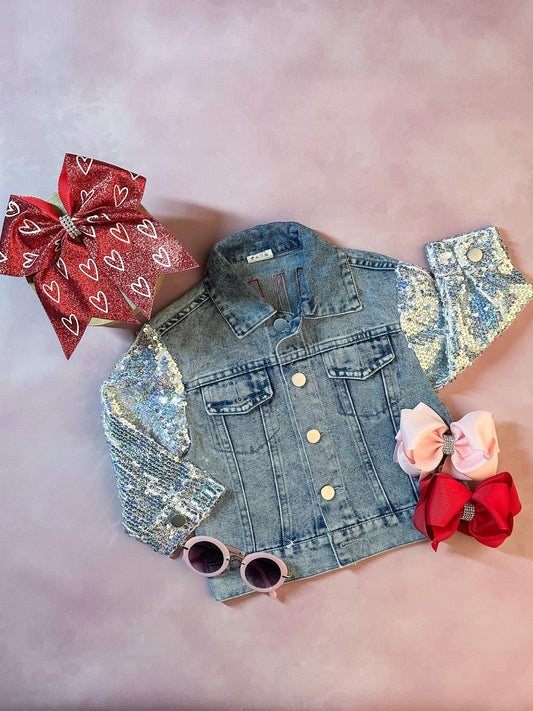 mini jean jacket with heart and sequin sleeves - Alternative view