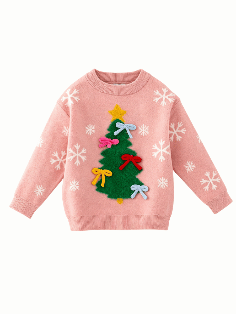 Girls pink Christmas sweater with Christmas tree, colorful bows and snowflakes