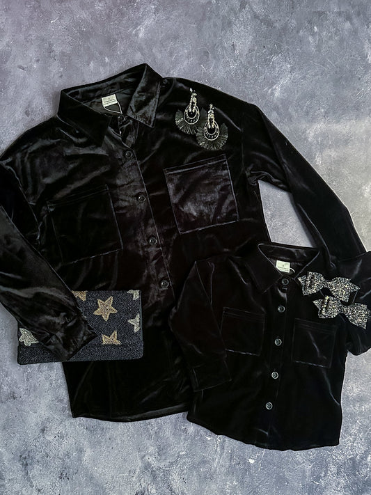 Mom and daughter black velvet button down tops - Alternative view