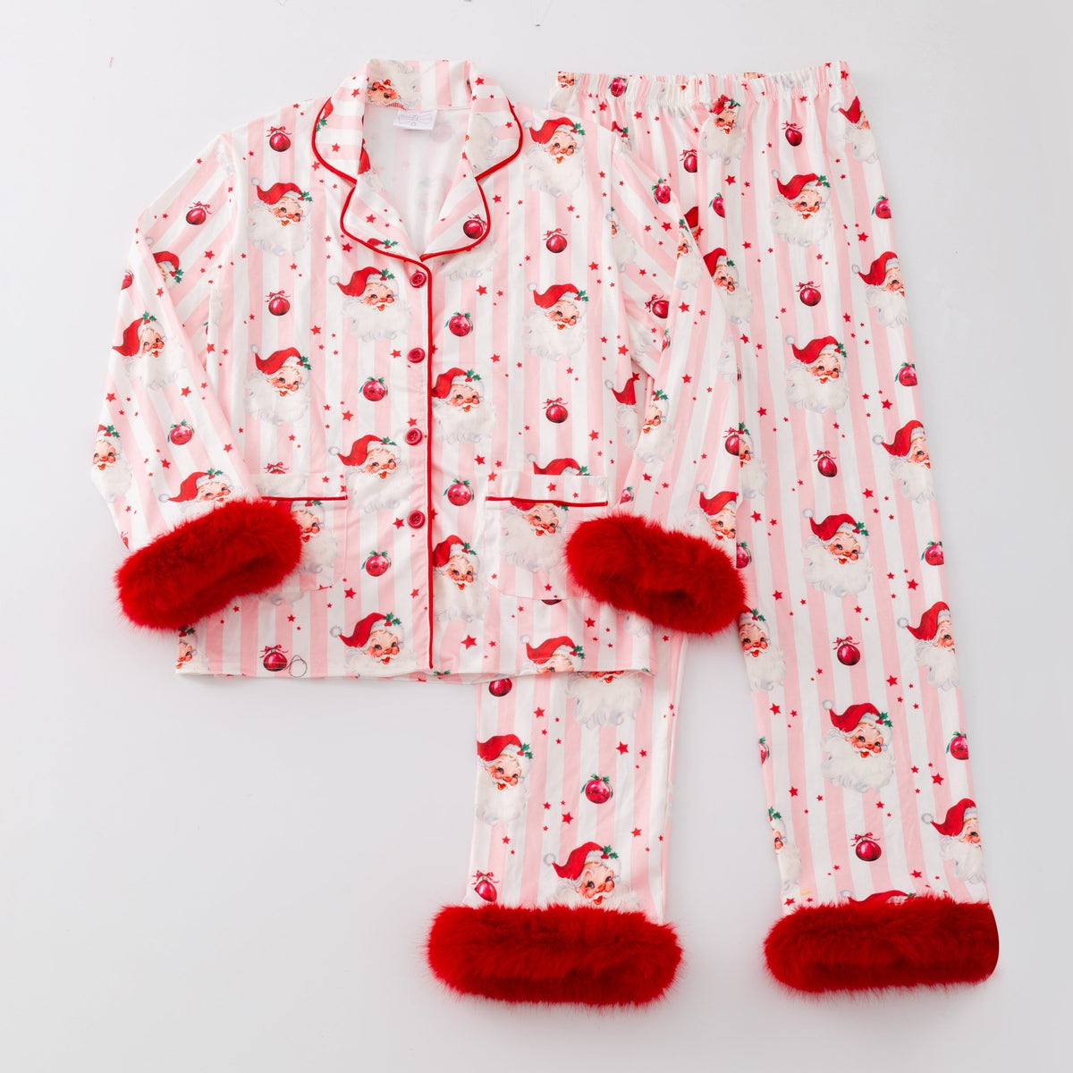 Santa and stripes fuzzy trim pajamas