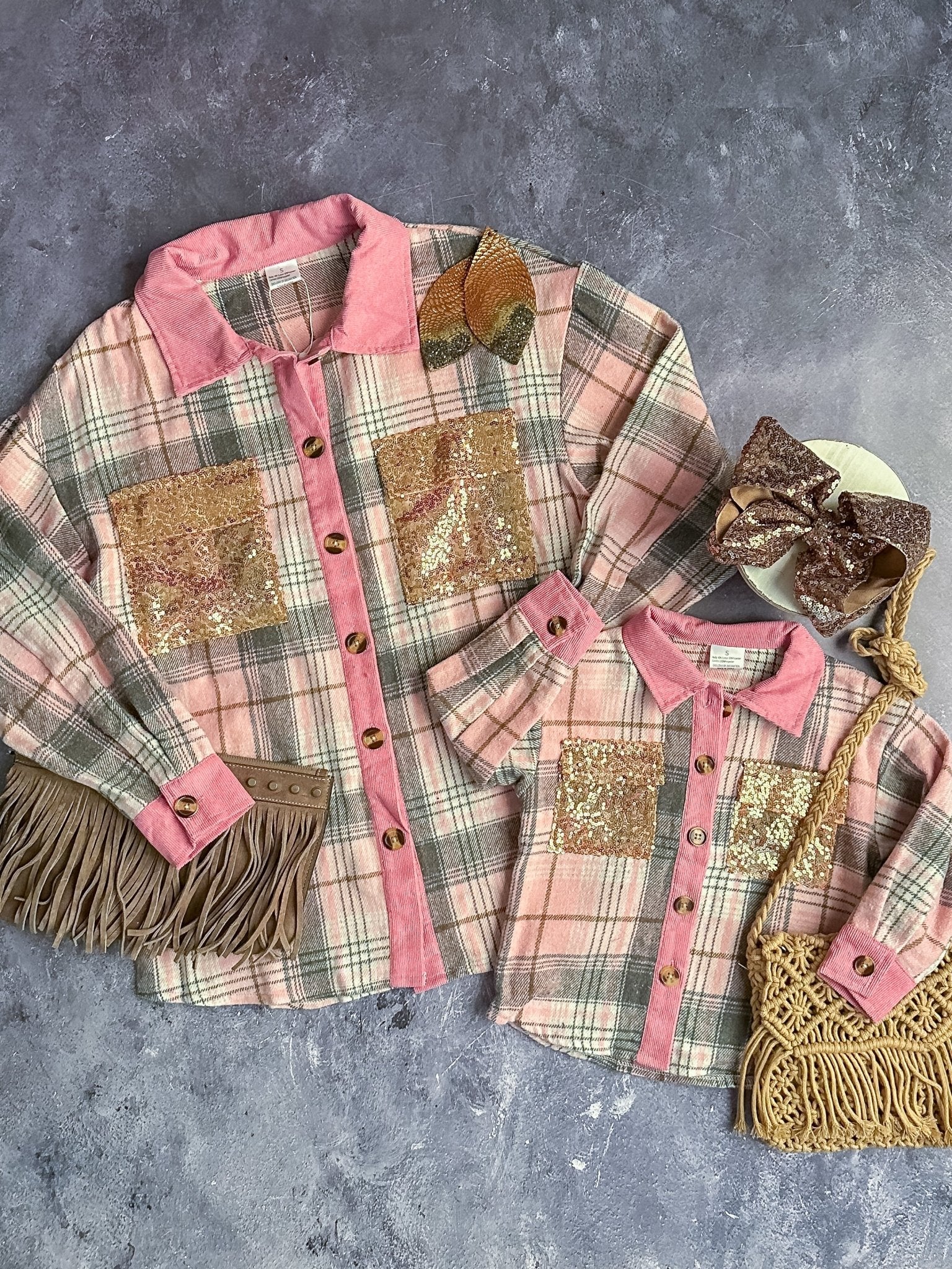 Matching mommy & me pink plaid, long sleeve, button down shackets with sequin pockets