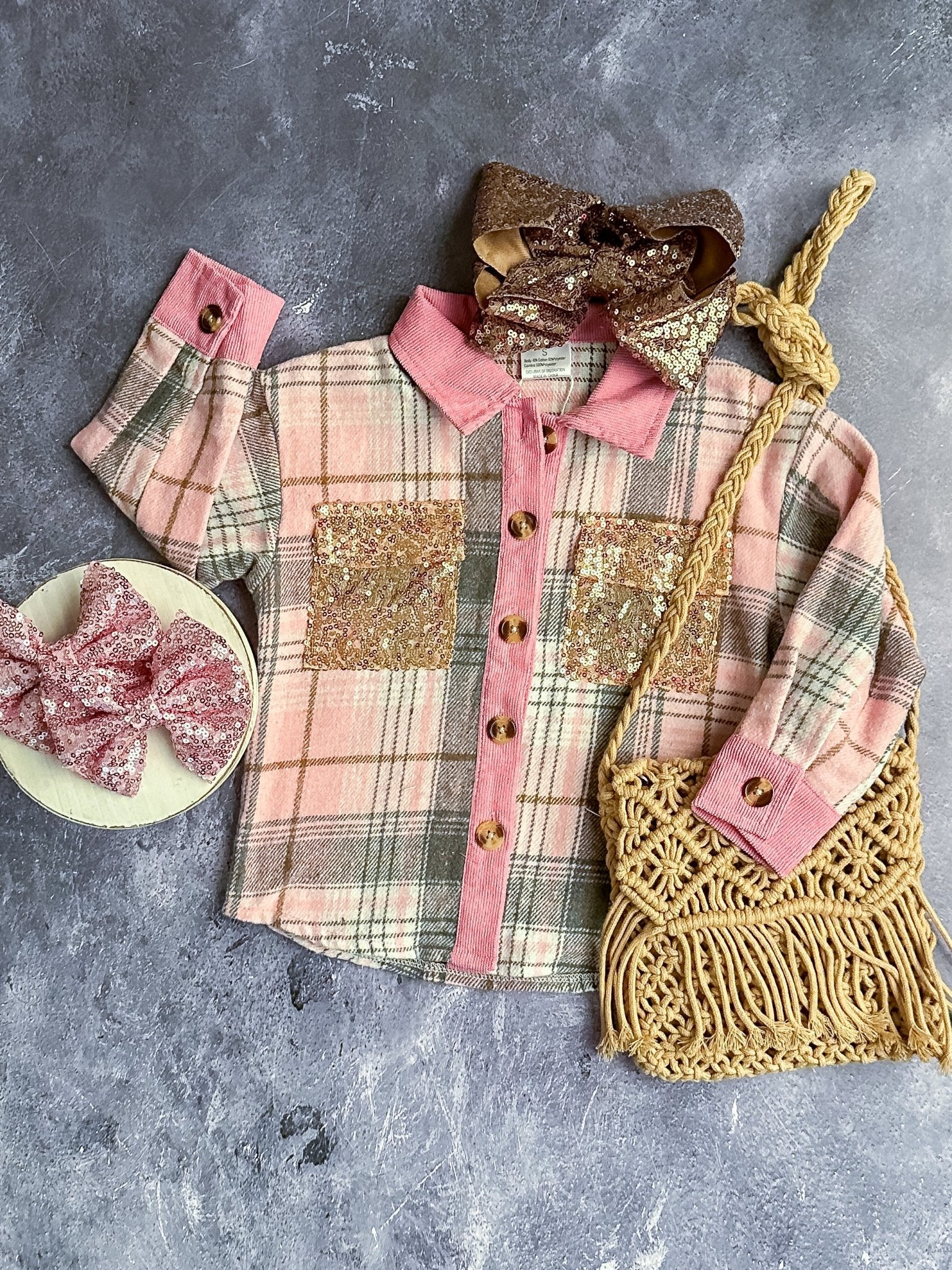 Matching mommy & me pink plaid, long sleeve, button down shackets with sequin pockets - Girls