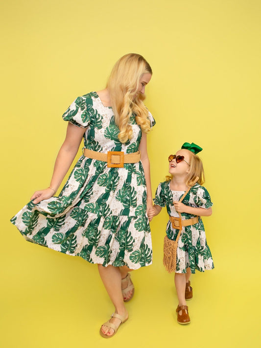 Mom & me green tropical belted dress on models - Alternative view