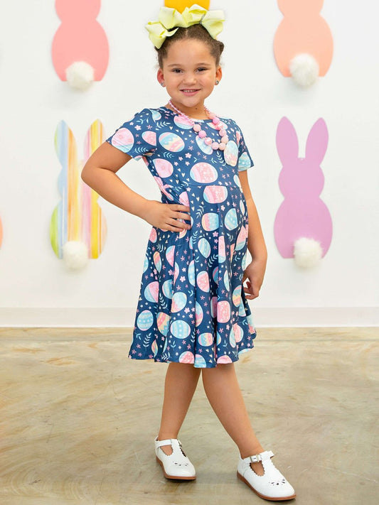 Festive decorative easter egg pattern navy short sleeve twirl dress on model. - Alternative view