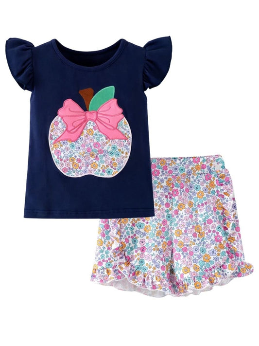 Girls back to school two-piece with floral apple appliqué ruffle tee and coordinating ditsy floral ruffle shorts - Alternative view