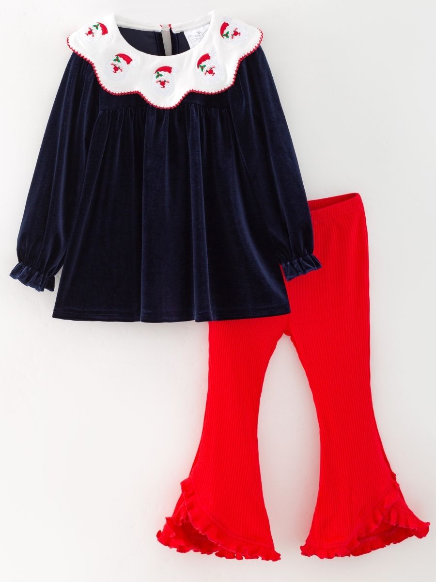 Navy velvet girls outfit with embroidered Santa collar and red bell bottoms