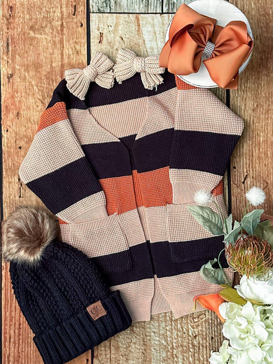 Mommy & Me neutral colorblock long sleeve cardigans in black, rust and tan - Girls - Alternative view