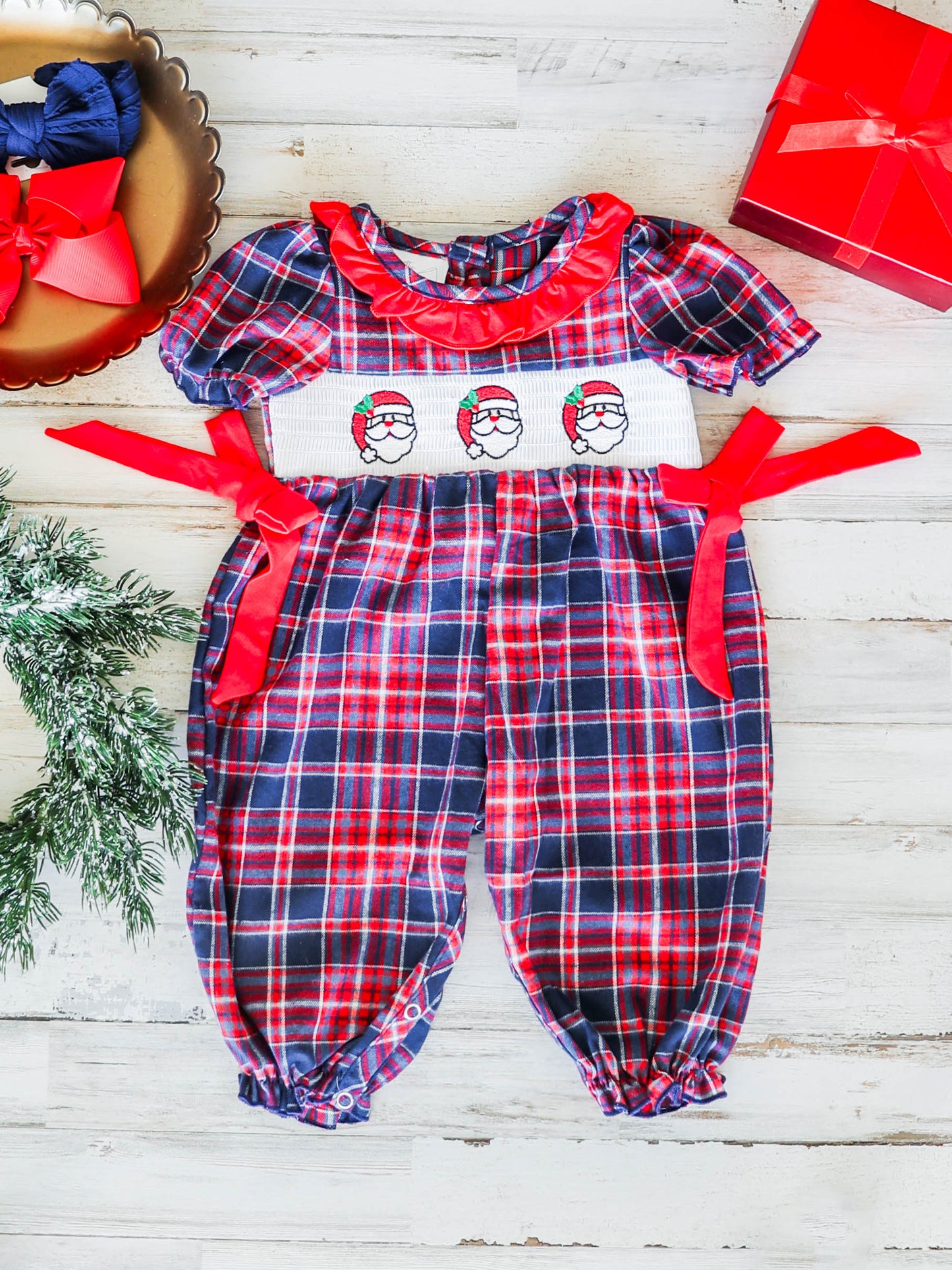 Santa Trio & Bows Plaid Infant Girls Onesie
