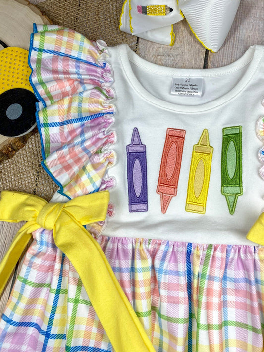 Girls back to school boutique dress with crayon appliqué, rainbow plaid ruffle sleeves, yellow bow ties, and plaid skirt - Alternative view