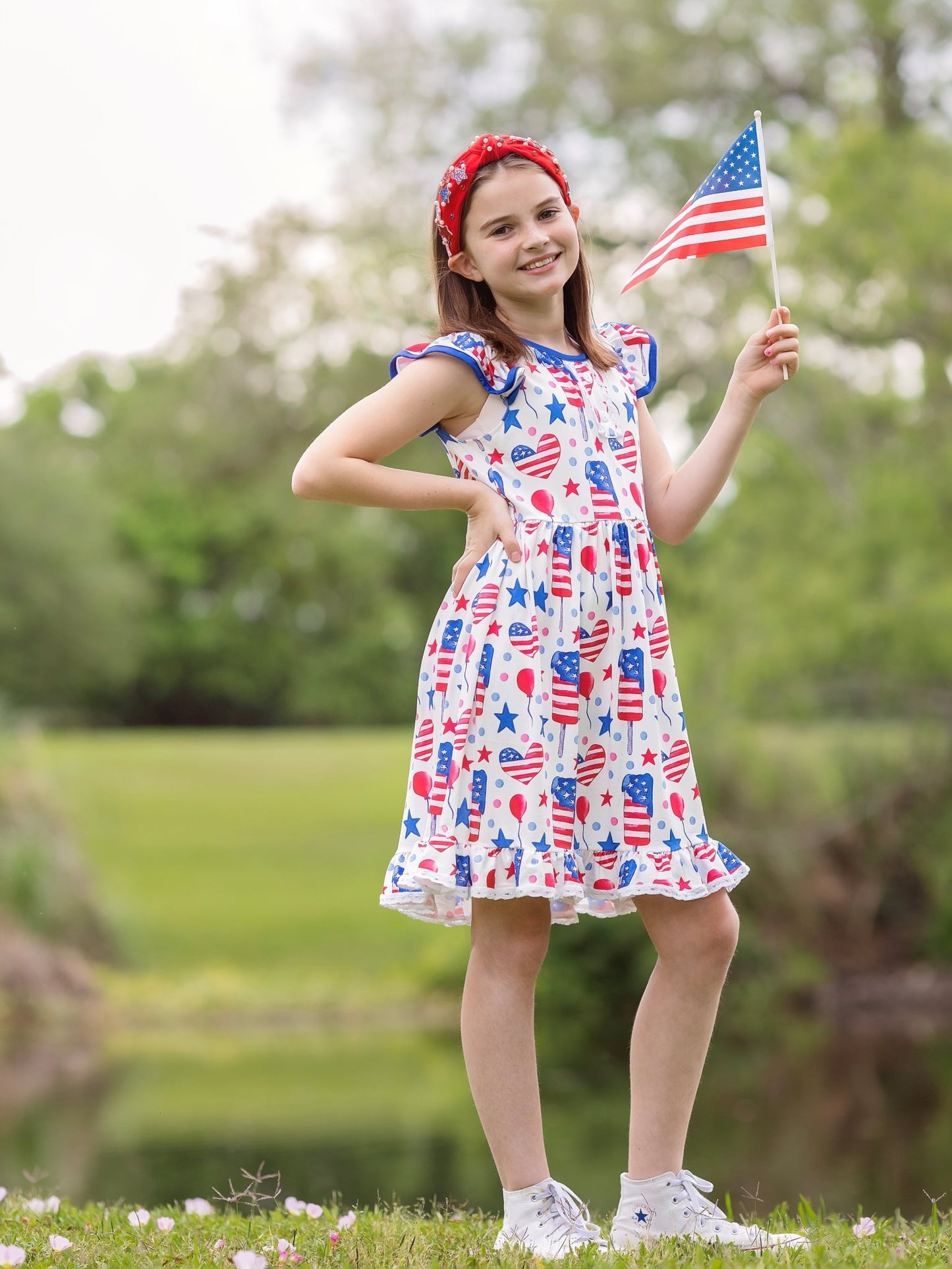 model wearing the Patriot Popsicles Twirl Dress