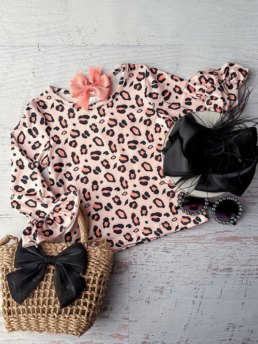 Long sleeve light pink top with black and coral cheetah print all over - Alternative view