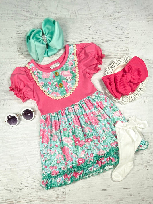 Pink & Aqua Floral Ruffle Dress - Alternative view