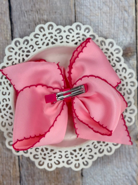 Back of Pink Grosgrain Hair Bow with Hot Pink Moonstitch - Alternative view