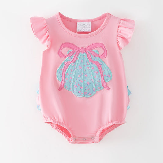 Pink baby romper with a blue bow design on a white background - Alternative view