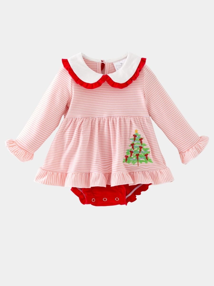Pink stripe infant bubble romper with embroidered Christmas tree and Peter Pan collar