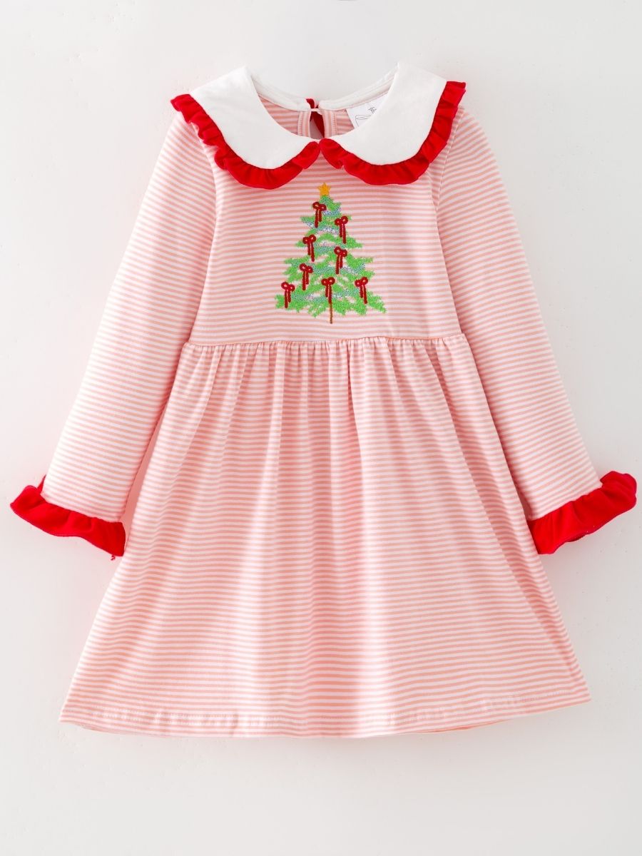 Pink stripe girls Christmas dress with embroidered Christmas tree and ruffle collar