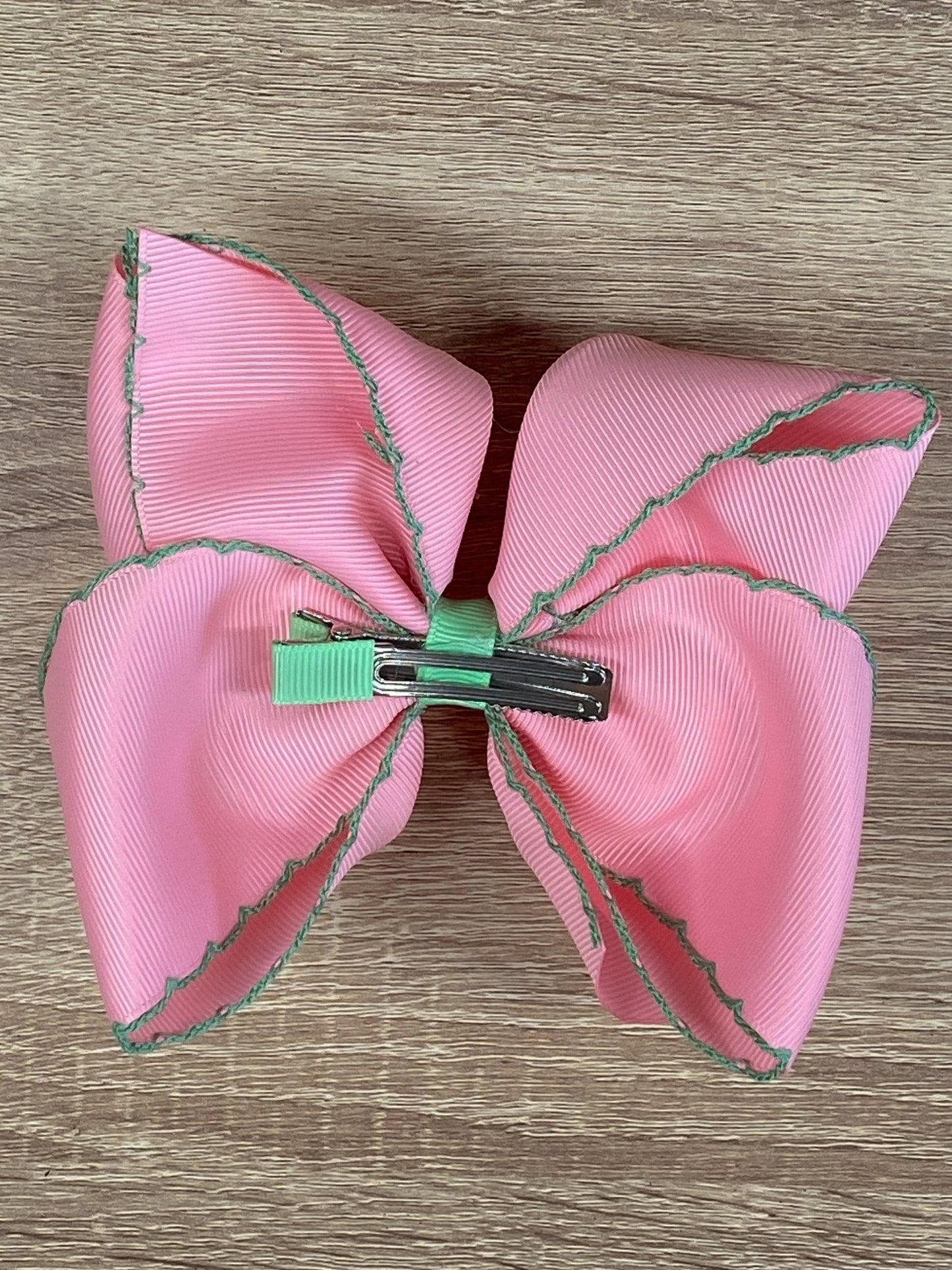 Back of the Pink with Green Moonstitch Hair Bow