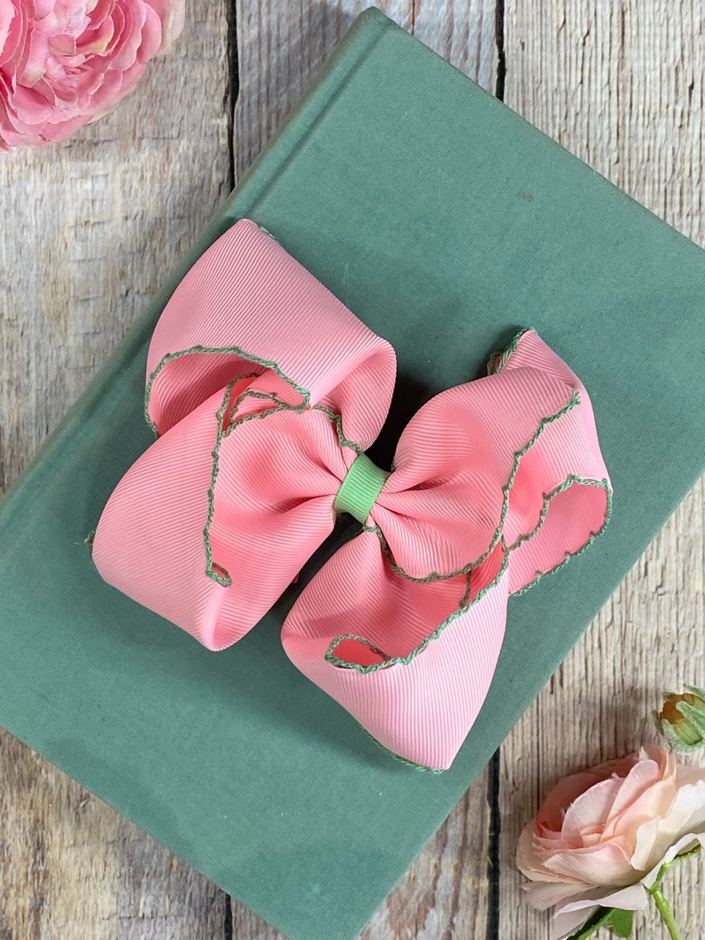 Pink with Green Moonstitch Hair Bow