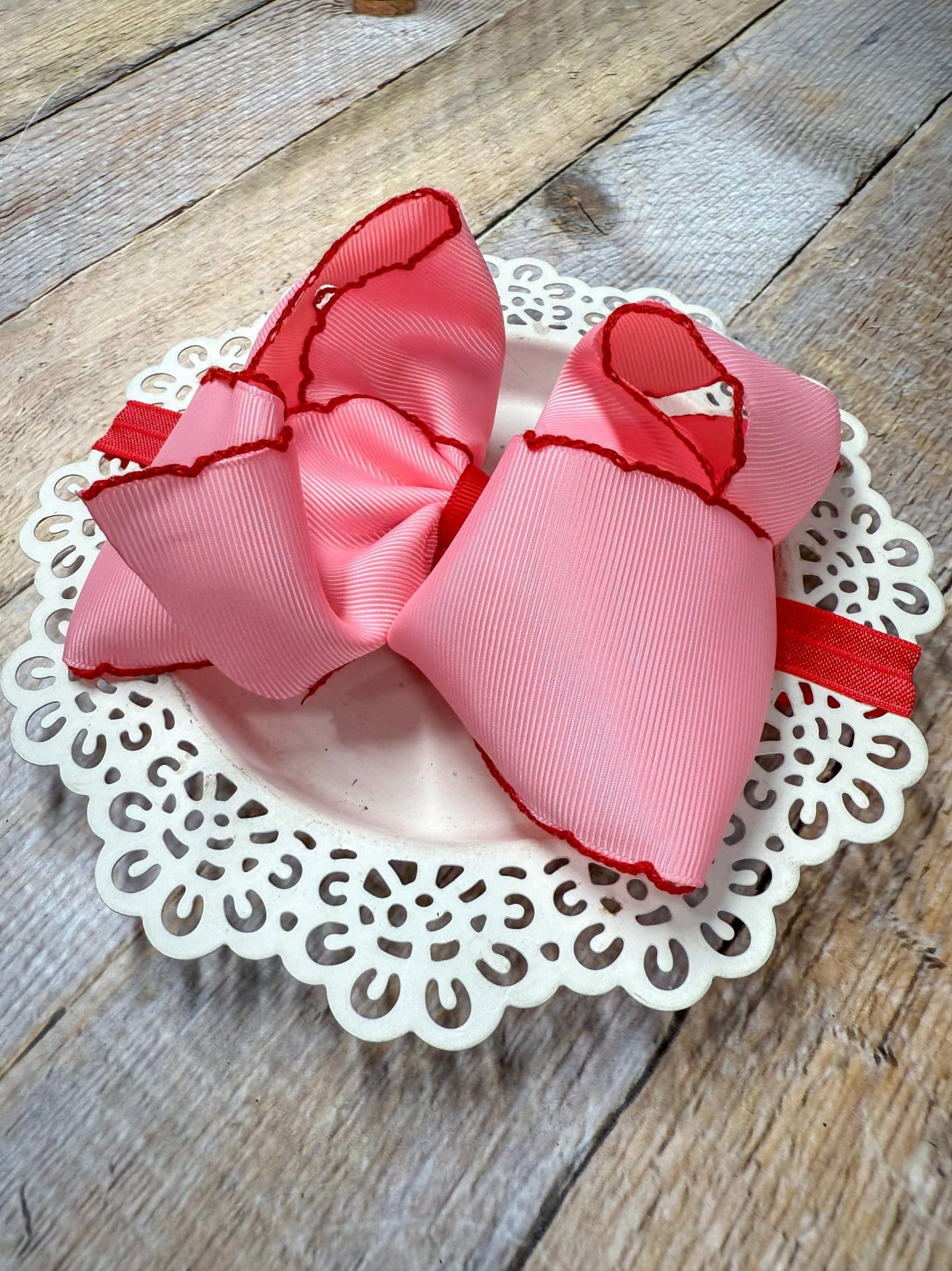 Pink with Red Moonstitch Bow Headband
