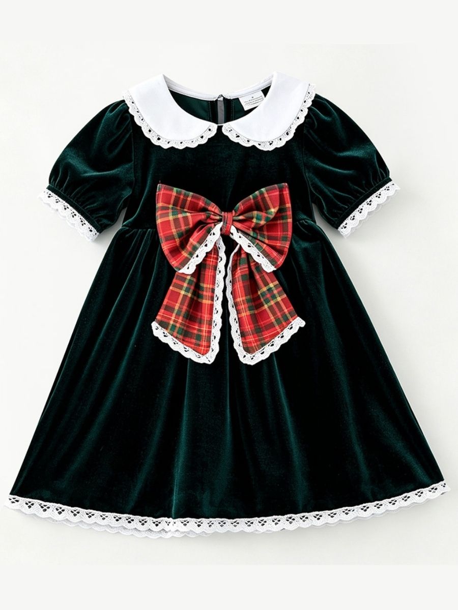 Plaid Bow Girls Velvet Christmas Dress – The Hair Bow Company