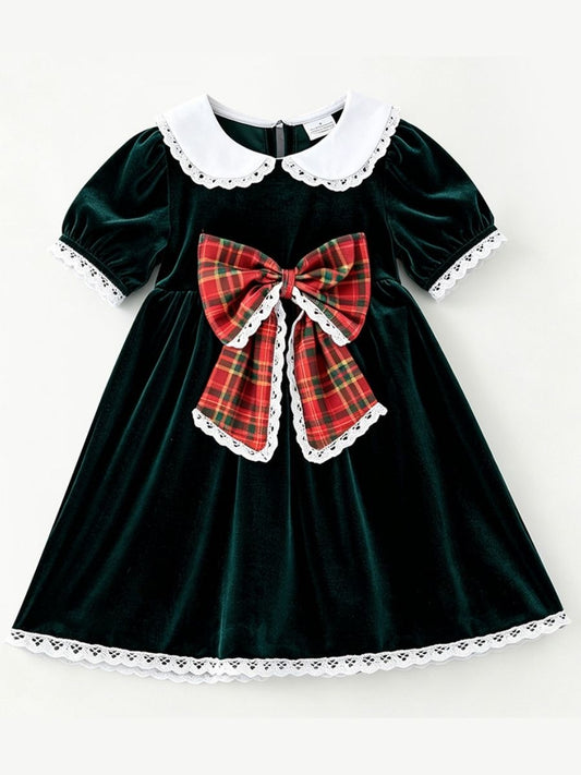 Girls green velvet Christmas dress with plaid bow and white lace trim - Alternative view