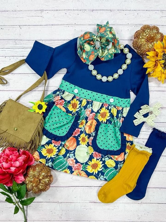 blue dress with polka dots and an abundance of pumpkins - Alternative view