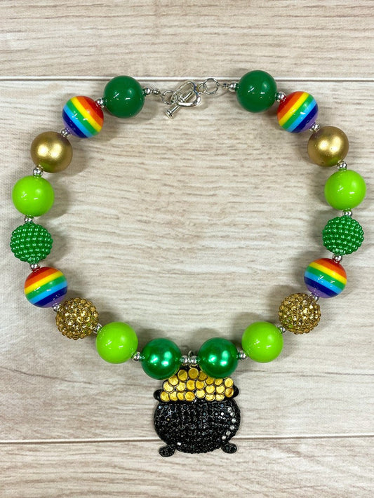 Pot of Gold chunky pendant with, rainbow beads, solid lime green, green, and gold paired with gold and green rhinestone beads with a heart toggle closure. - Alternative view