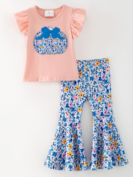 girls fall two-piece with blue floral pumpkin appliqué top and blue floral bell bottoms - Alternative view