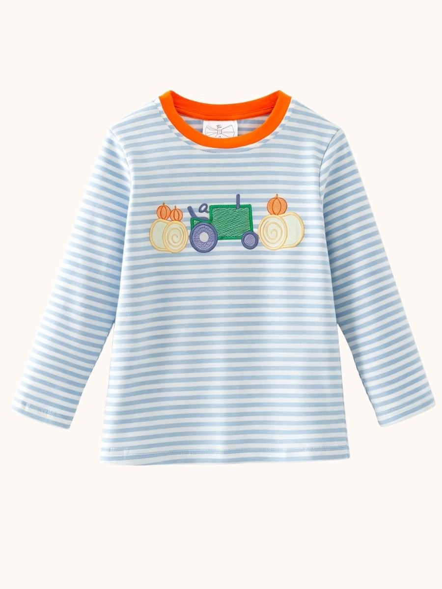 Boys tractor shirt with blue stripes and pumpkin embroidery, boutique fall long sleeve top for toddlers and boys