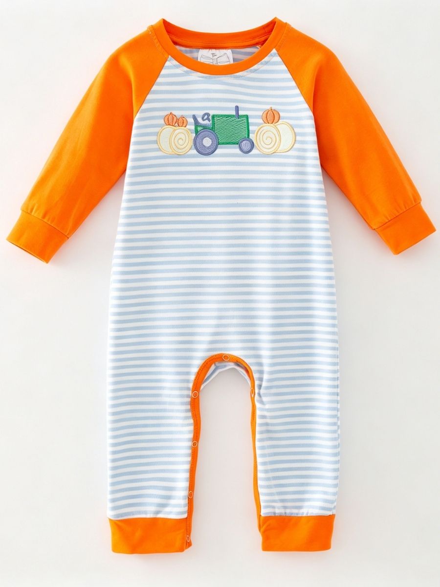 Baby boy pumpkin tractor romper with striped raglan sleeves, boutique fall one-piece outfit for infants