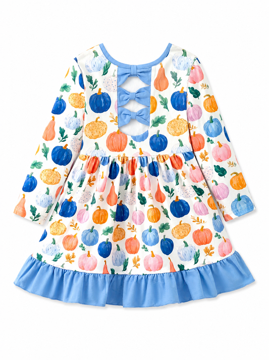 Back of Girls Watercolor Pumpkin Ruffle Dress with Blue Bow Back Detail, Long Sleeves and Fall Pumpkin Print - Alternative view