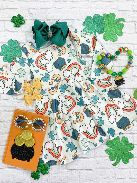 White long sleeve twirl dress with rainbows, clovers and pots of gold all over. - Alternative view