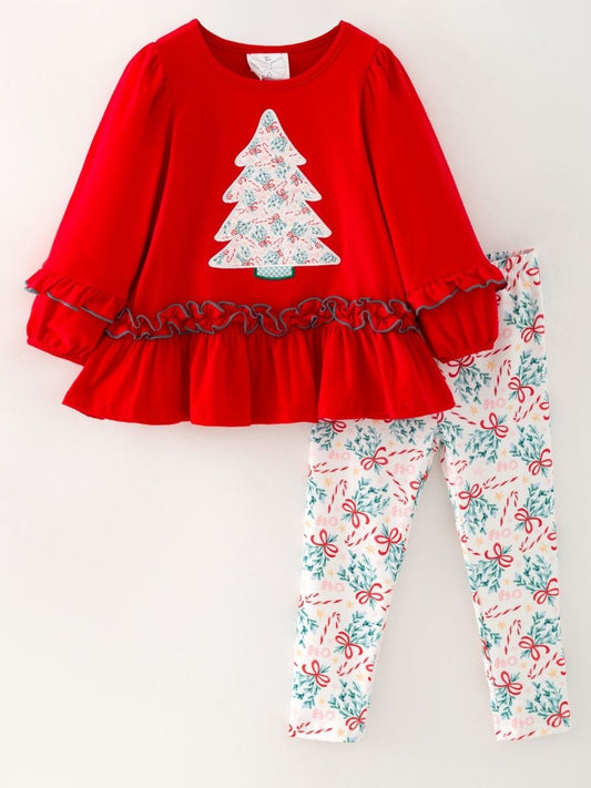 Red girls tunic and leggings set with Christmas tree appliqué - Alternative view