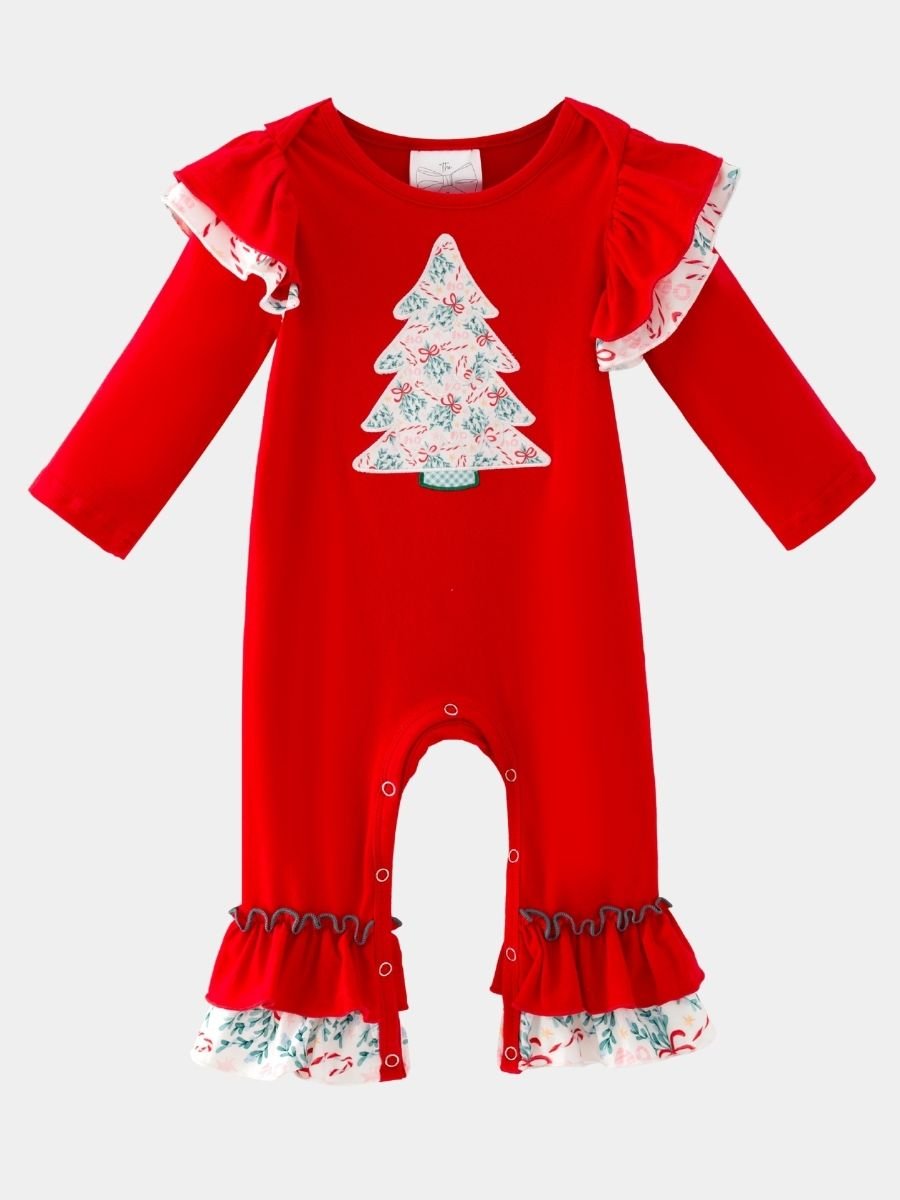 Red infant bubble romper with Christmas tree appliqué and ruffle details